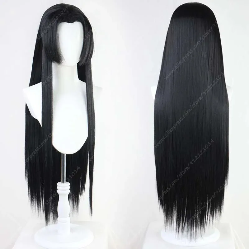 بوا هانكوك شعر مستعار تأثيري أنيمي بوا هانكوكو تأثيري على غرار شعر مستعار أسود طويل مع أقراط مقاومة للحرارة الشعر الاصطناعية + غطاء شعر مستعار #2