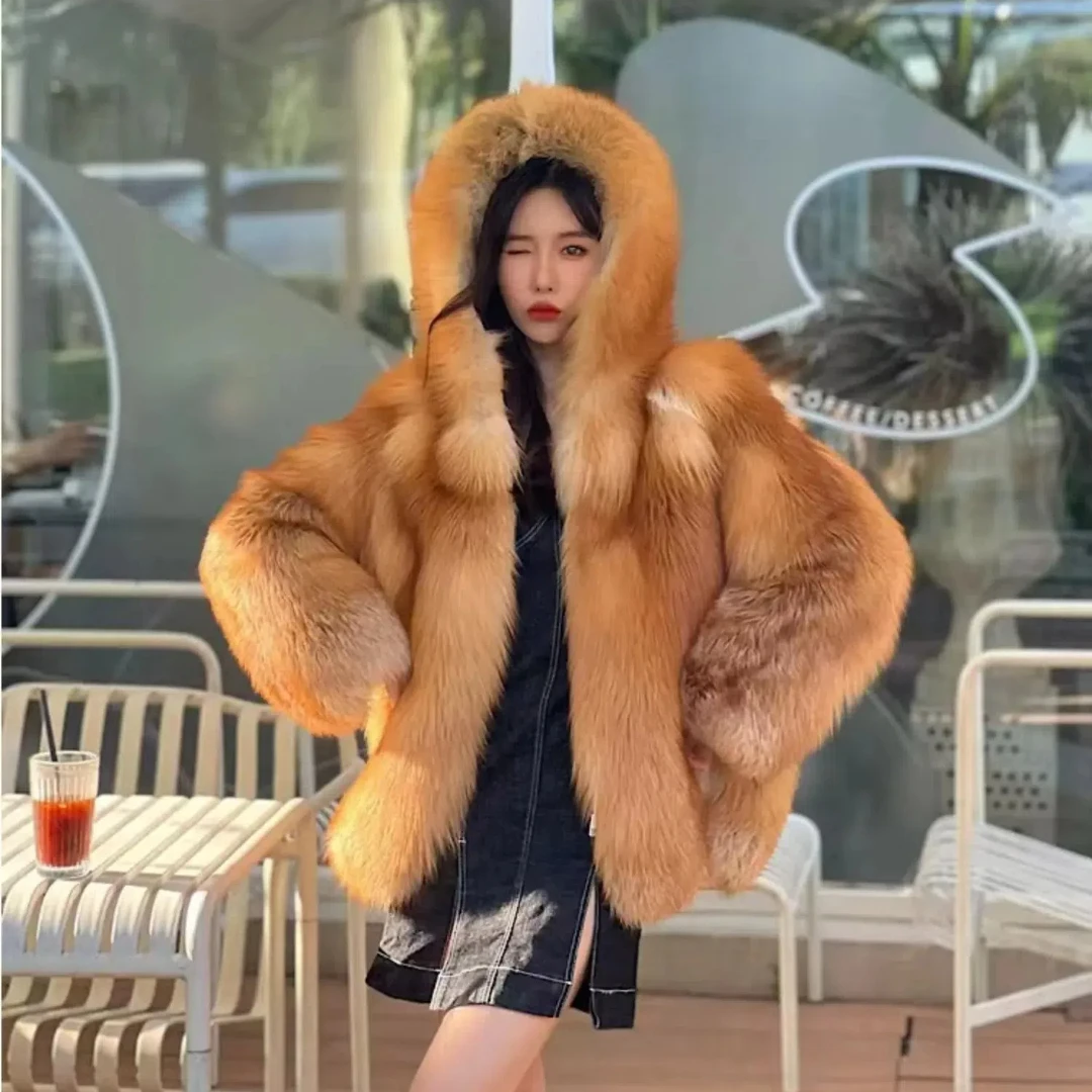 Hot selling Fashion Winter New Real Fox Fur Coat Women Hooded Natural Silver Red Fox Fur Jacket Female Thick Warm Outerwear