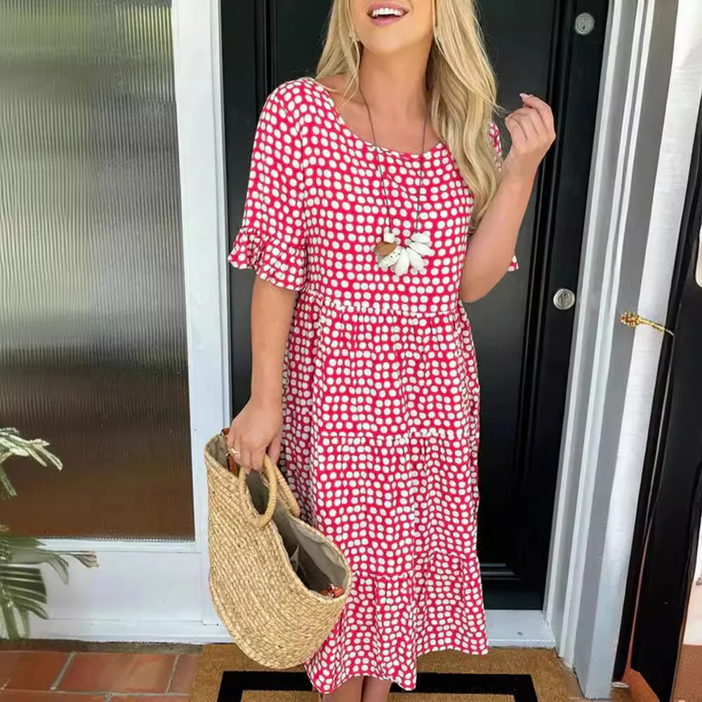 Ladies Bohemian Polka Dot Print Dress Women Casual Midi Holiday Summer Dress Female A-line Loose Women Beach Dress Vestidos 2024