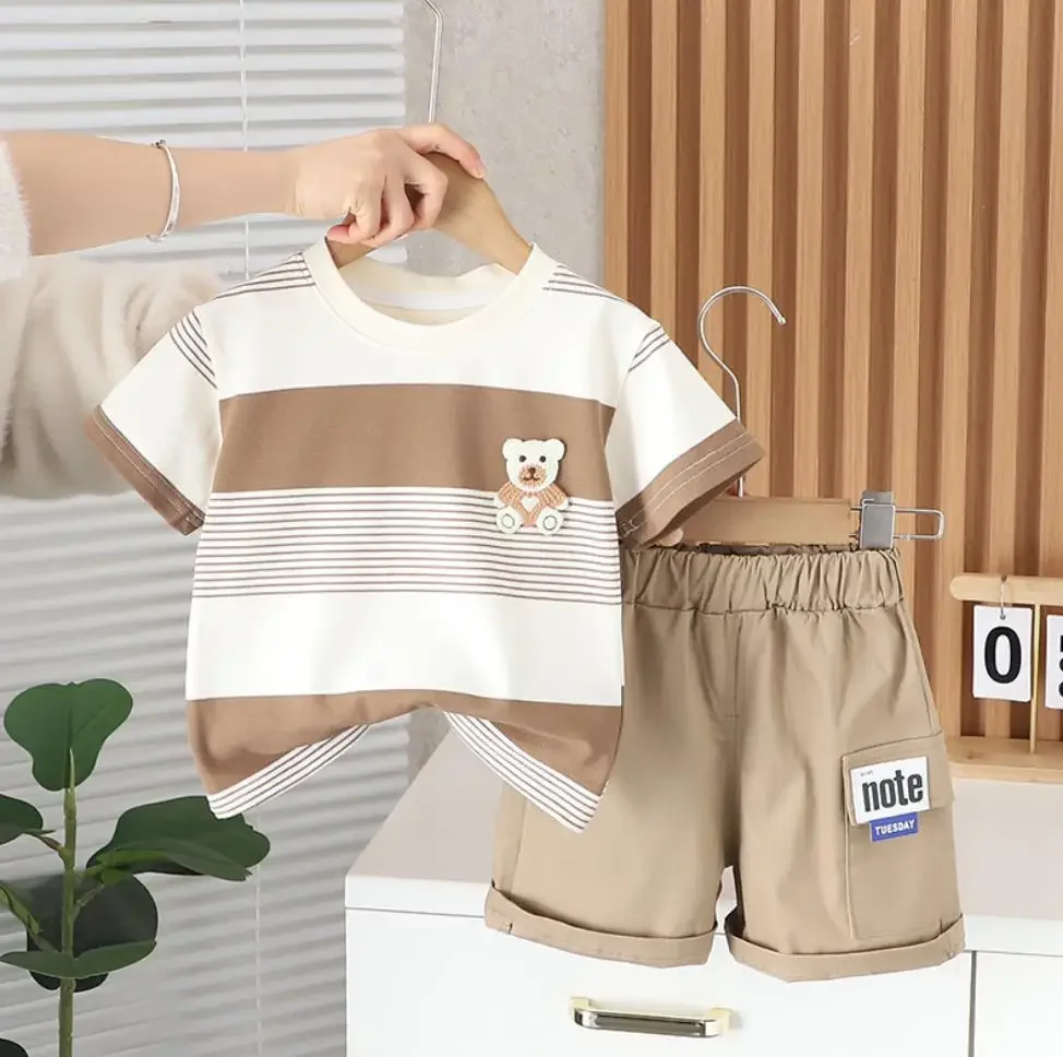 

Toddler Summer Boy Set 2024 Designer Cartoon Bear Stripes Short Sleeve T-shirts and Shorts Infant Baby Outfits Boutique Clothing