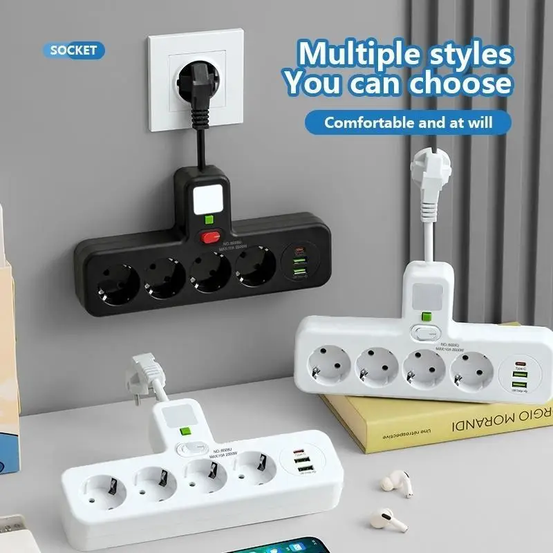 مفتاح التحكم الرئيسي لمقبس الطاقة المثبت على الحائط، 4 مقابس و3 منافذ طاقة، 2 USB و1 Type-C، سلك قصير مرن، مناسب لـ #6