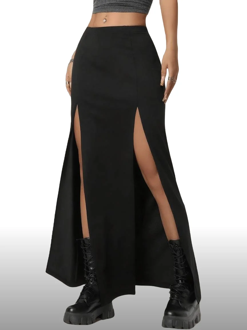 Women's Black Solid Color High Waist Double Slit Minimalist Y2K Layering Sexy Club Rave Skirt
