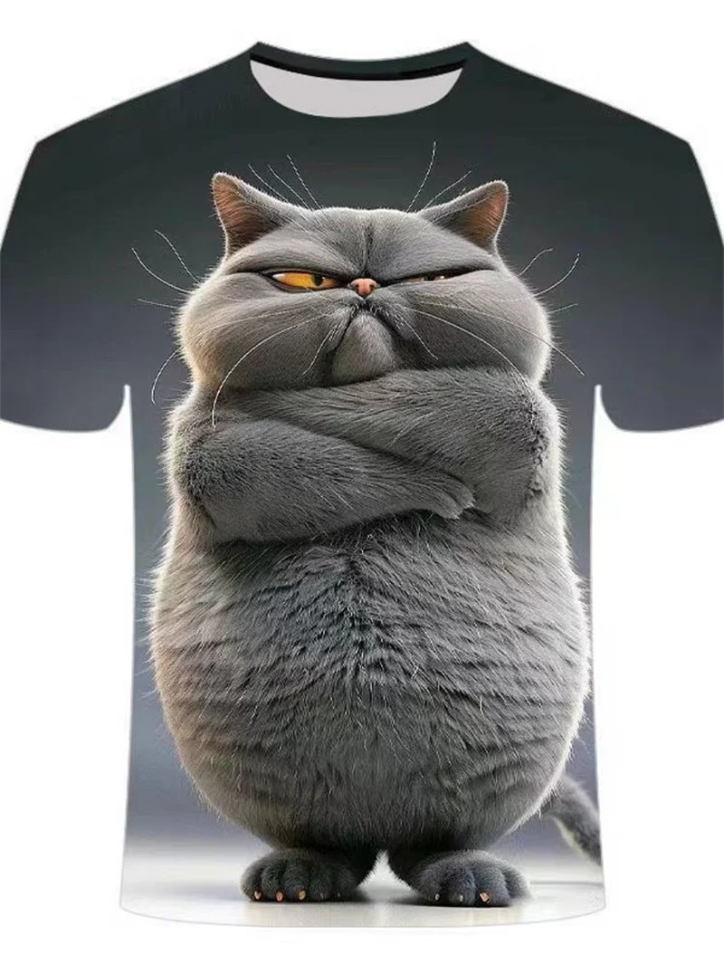 男性用の3DプリントTシャツ,面白い猫柄のトップス,だぶだぶ,半袖,カジュアル,ラウンドネック,夏用