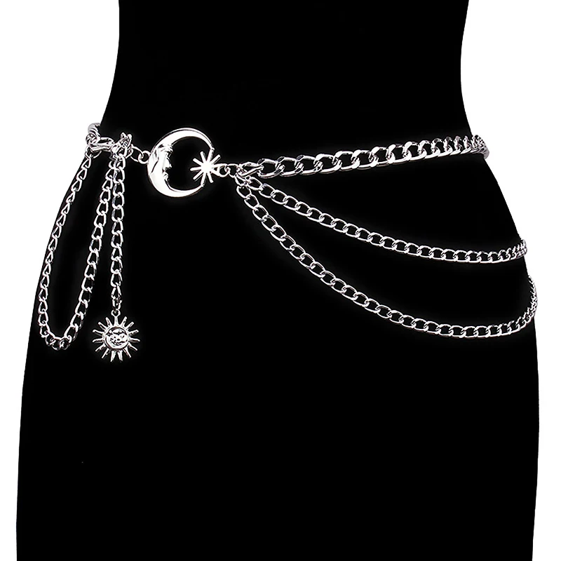 Cinturón de cadena para mujer, cinturones para falda de vestido con cinturones de estrella y Luna, accesorios de cadena para ropa de mujer dorados y plateados