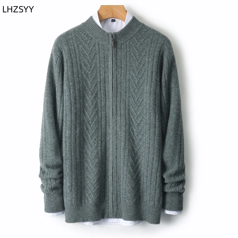 LHZSYY Cashmere Cardigan Men's Semi-high-Neck zipper Twisted Coat Thick Sweater coat Loose Large size Men Jacket Warm Knit Shirt