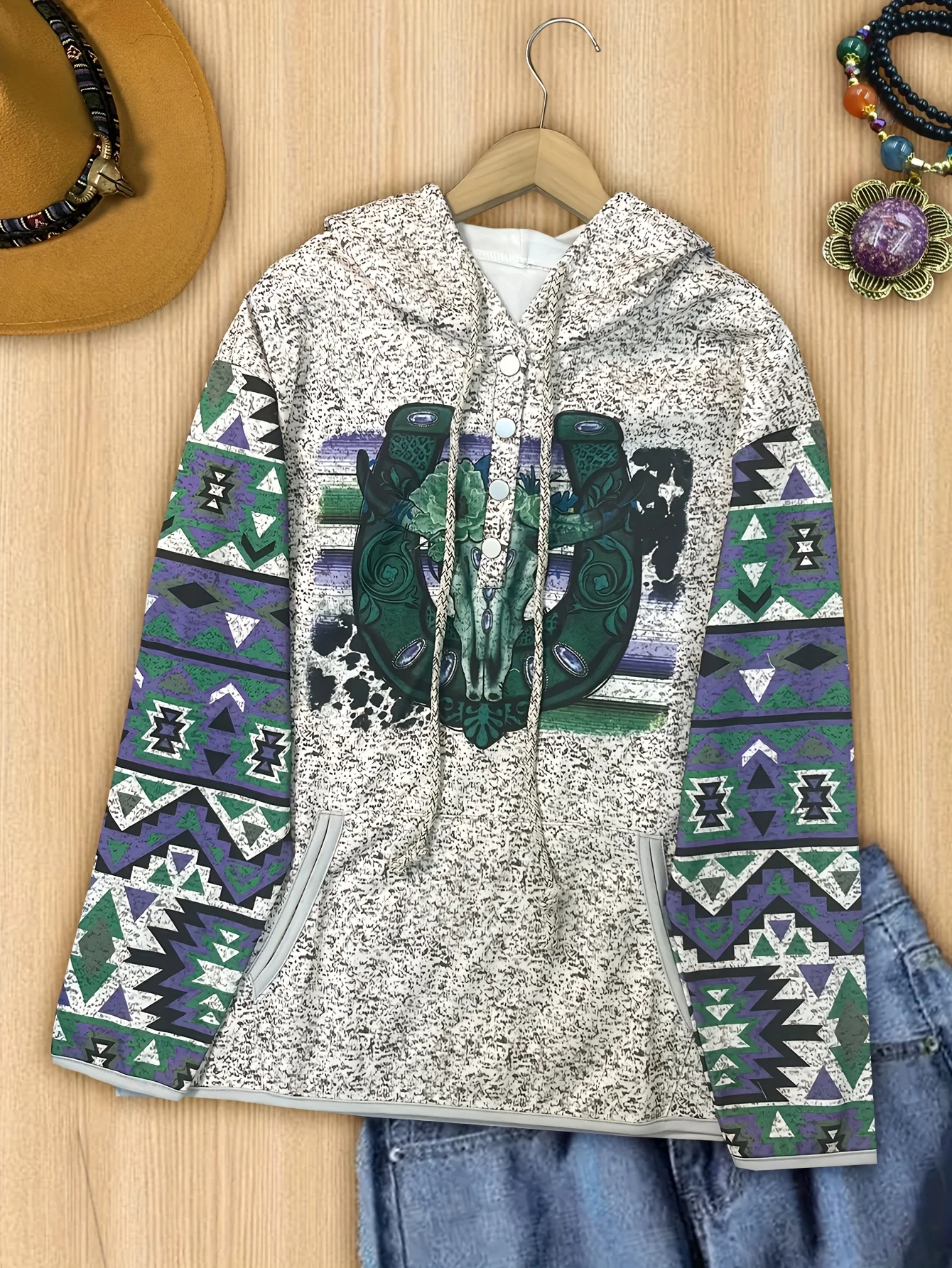 Moletom feminino com capuz casual com estampa étnica ocidental retrô com botão de pressão top feminino