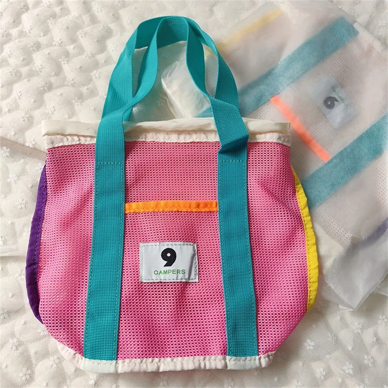 Pink&Blue Contrast Beach Bag Children's Toy Mesh Portable Storage Bag Outdoor Travel Swimming Toiletry Storage Bag Organizer