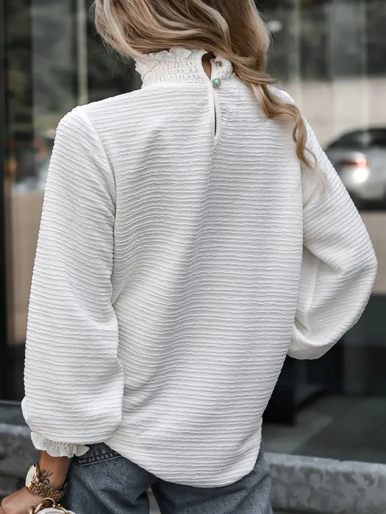 Elegante Herbst Hohe Kragen Patchwork Frauen Hemd Chic Bluse Langarm Büro Hemd Plain Casual Grundlegende Regelmäßige Top Frau – Detail 5