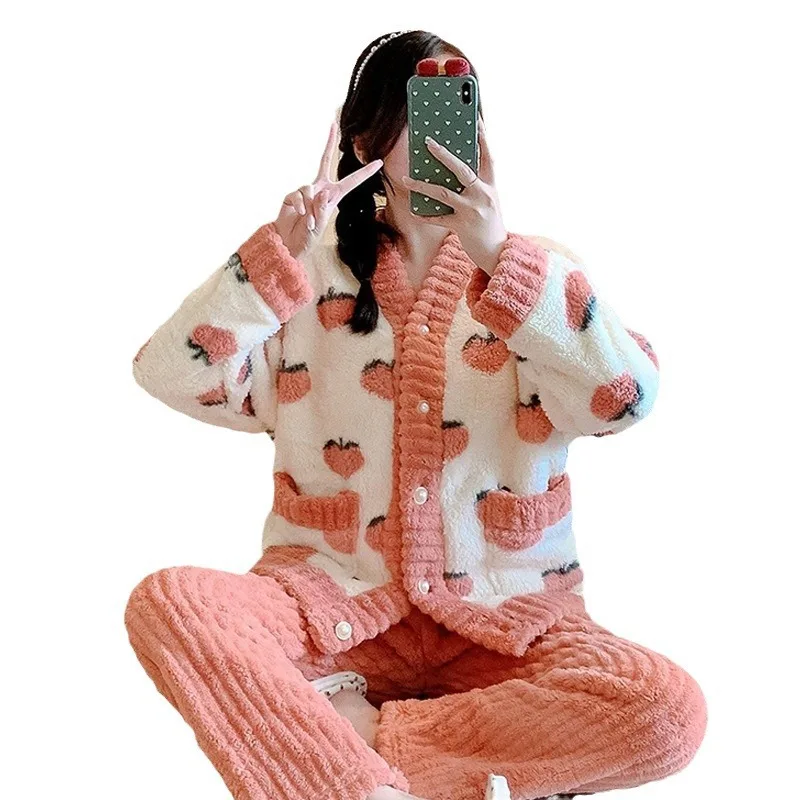 2Pcs/set women\'s coral velvet pajamas small fragrant wind autumn and winter padded and thickened warm peach-coloured student hom