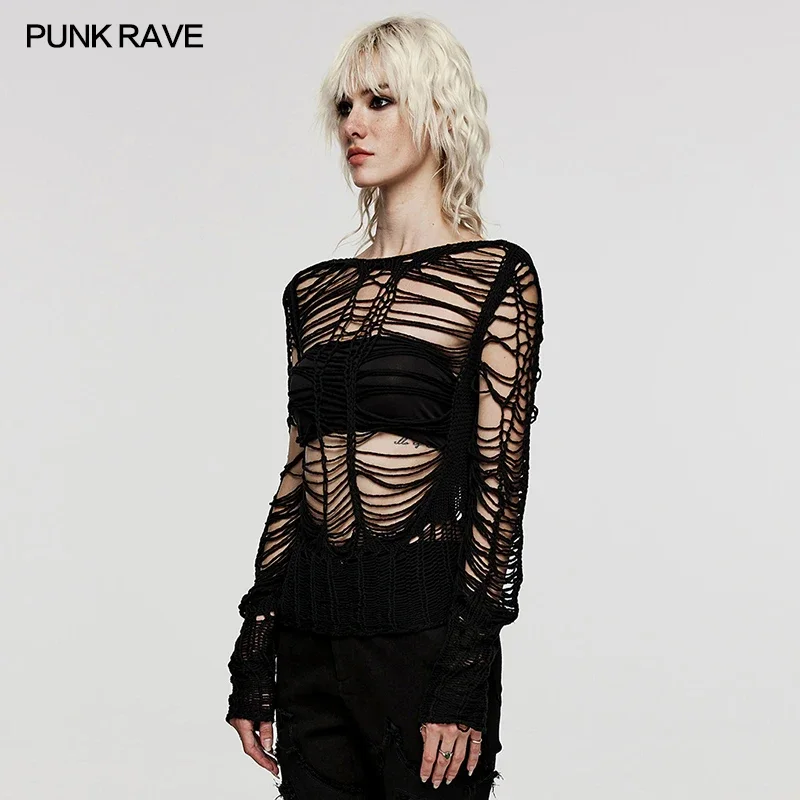 PUNK RAVE donna Punk Sexy Hollow tessuto morbido lana maglione corto personalizzato decalcomania maniche lunghe top pullover