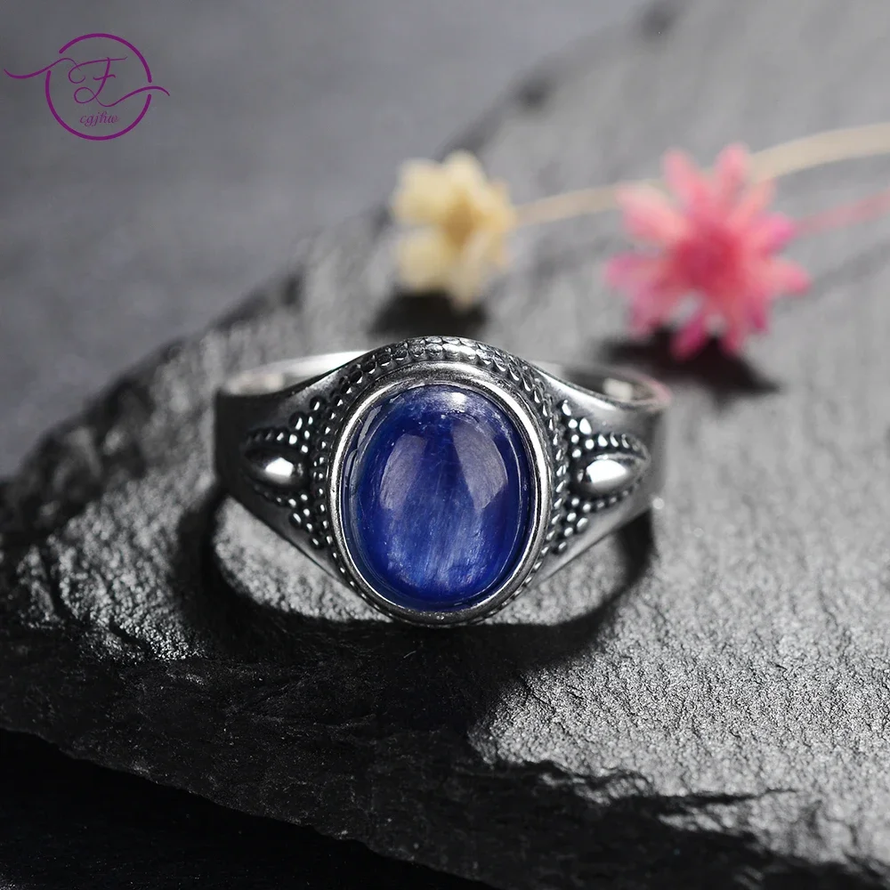 

New Oval 8x10mm Natural Kyanite Silver Color Ring for Women Party Wedding Anniversary Gift Jewelry Finger Rings