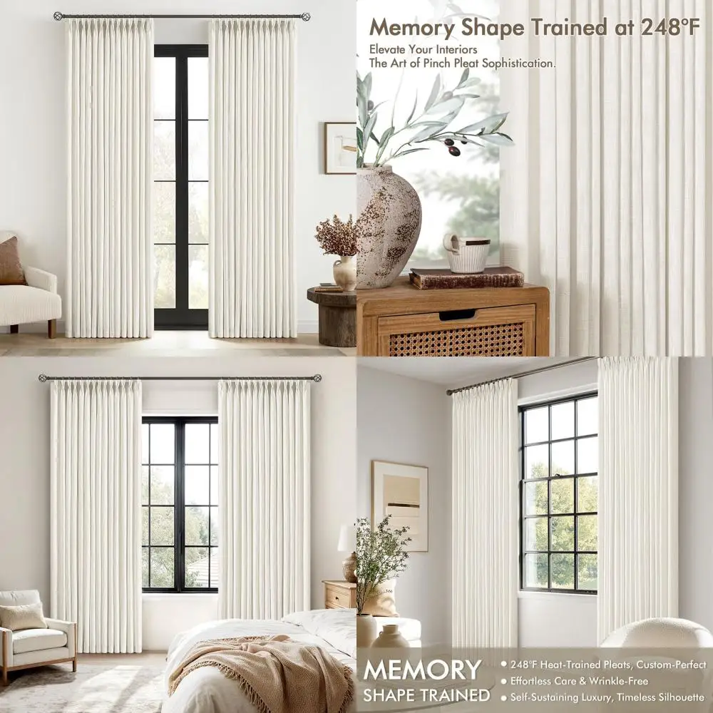 Linen Pleated Drapes, 84 Length, 2-Panel Set, Neutral Ivory, Light Filtering for Living Spaces