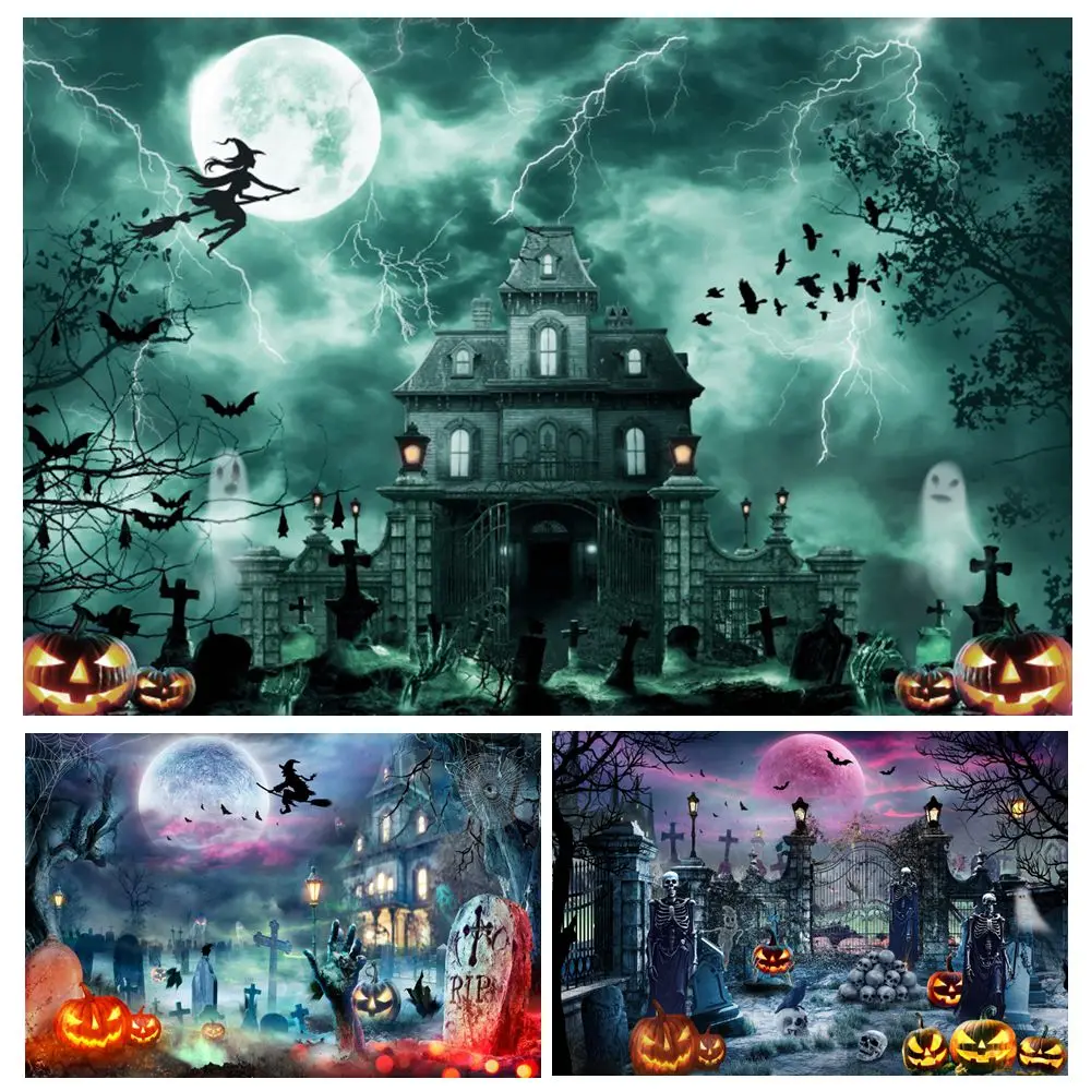 

Halloween Night Backdrop Full Moon Witch Castle Suburban Yard Pumpkin Lantern Hallow Party Kids Portrait Photography Background