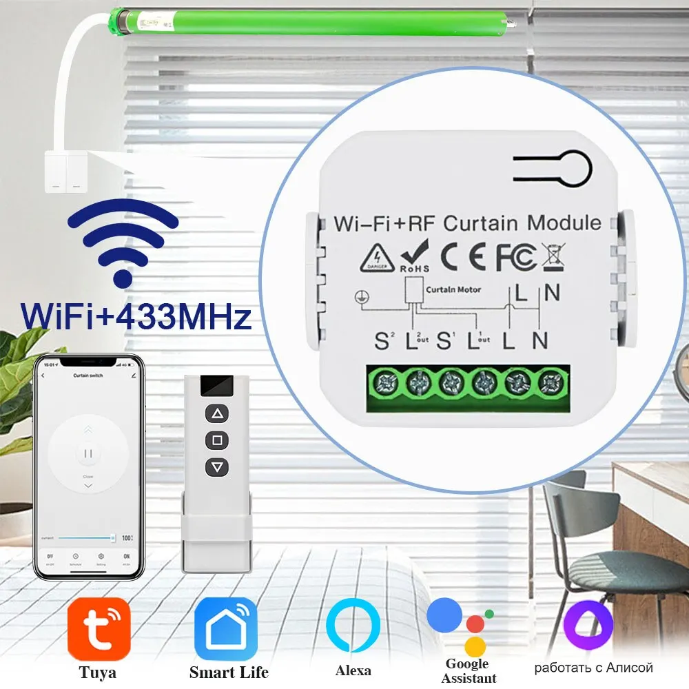 WiFi Smart Curtain Switch 433MHz Connected Tuya Roller Shutter Switch Module Remote Control For Alexa Google Home Assitant