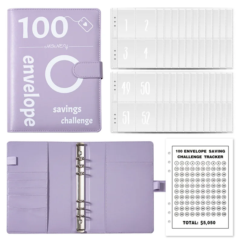 100 ซอง Challenge Binder ประหยัดความท้าทายในการออม A5 หลวม Budget Binder พร้อมเงินสดซอง Money Organizer