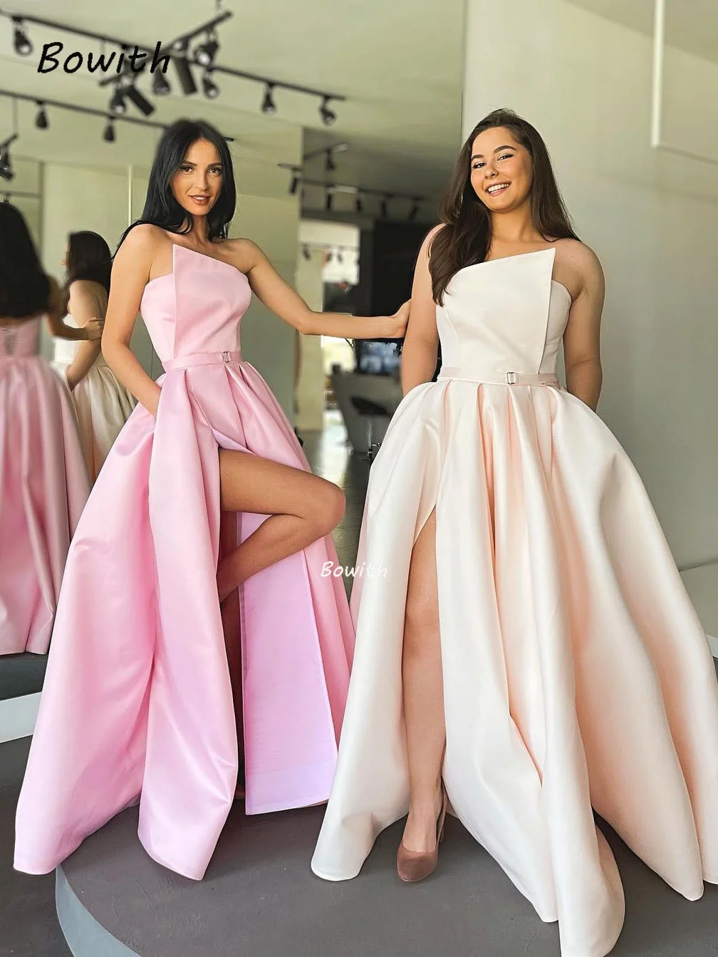 Bowith สีชมพูชุดราตรีแชมเปญพรหมชุดเอวสูงชุดราตรี Robe De Soiree คริสต์มาสชุด