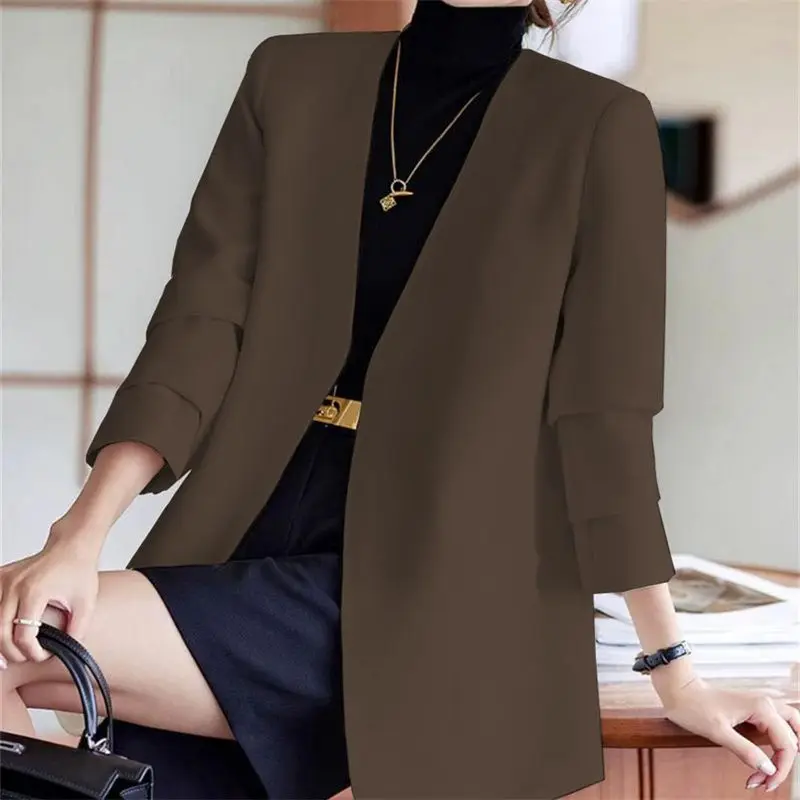 Office Lady Solid Color Long Sleeve Cardigan Women' S Clothing Spring Autumn V-Neck Casual Formal Fashion Suits Blazers Tops