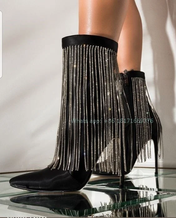 

Pointed Toe Sexy Rhinestone Fringe Ankle Boots Stiletto High Heel Zipper Satin Bootie Women Leather Dress Black Shoes Design New