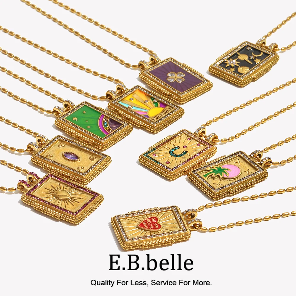 E.B.belle Colorful Enamel Square Zircon Pendant Necklace 18K Gold Plated Stainless Steel Fashion Neck Jewelry