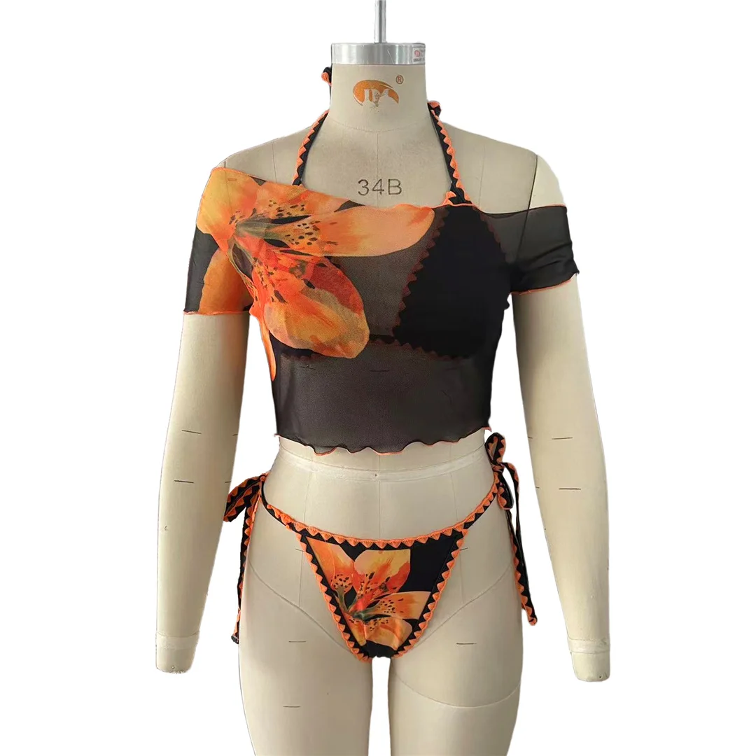 S - XL, mit T-Shirt, Blumenmuster, Bikini, Damen-Badebekleidung, dreiteiliges Bikini-Set, Badeanzug, Badebekleidung, Modell V8537. – Detail 9