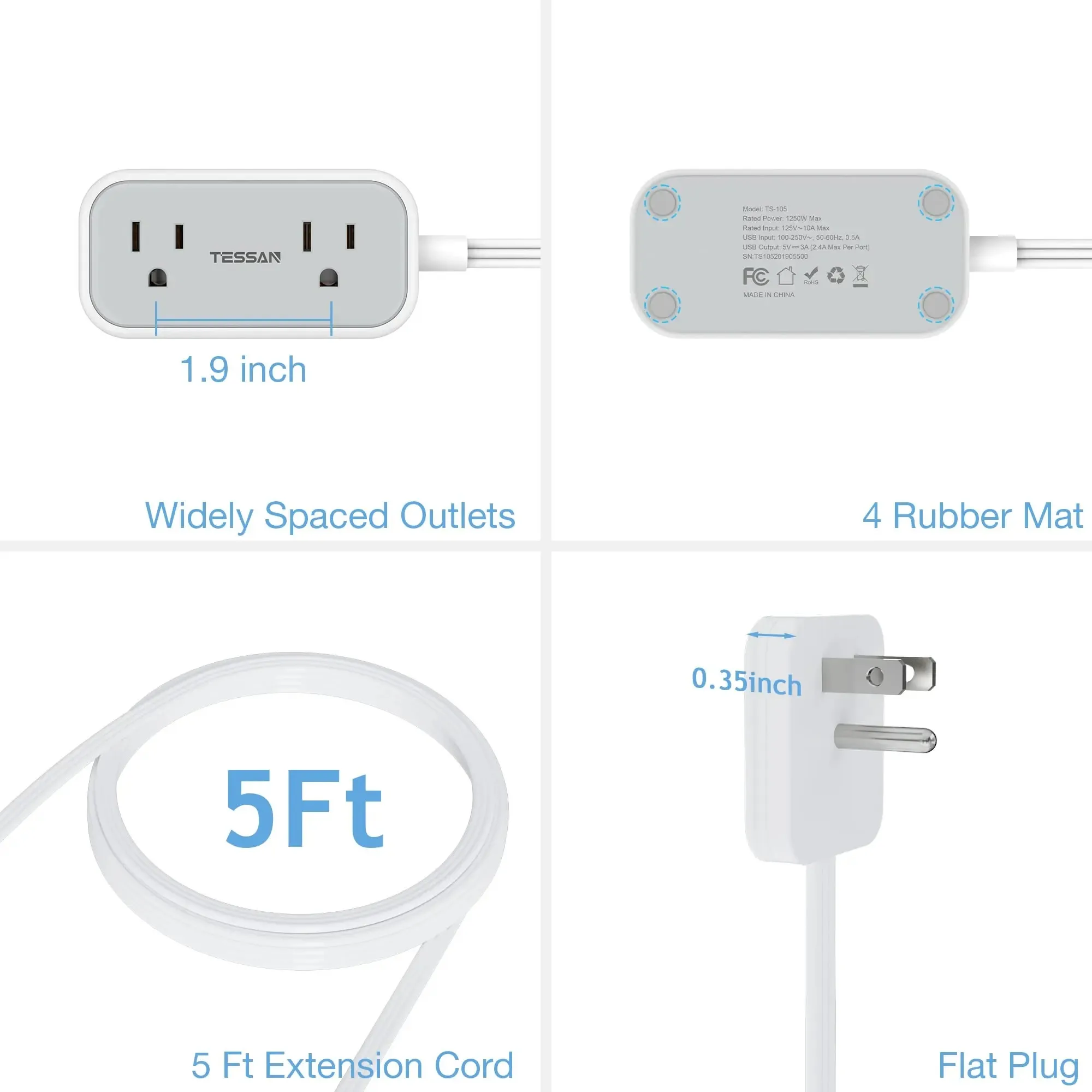 TESSAN Flat Plug Power Strip with 2 AC Outlets & 3 USB 5 ft Ultra Thin Small Extension Cord for Travel, Home, Office