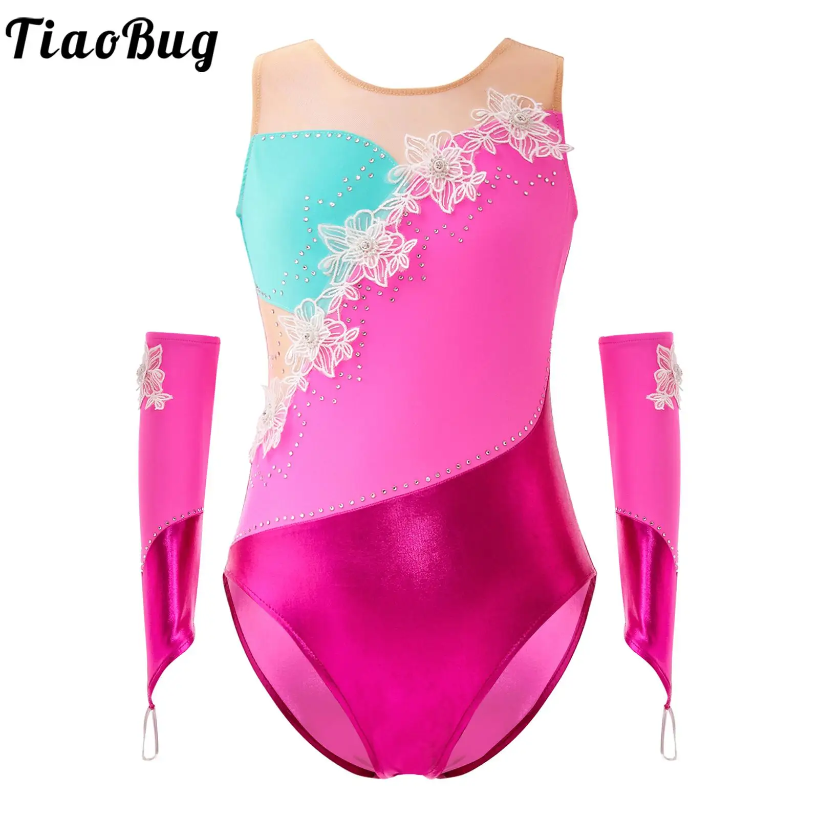 

Kids Girls Sleeveless Ballet Dance Leotard Shiny Rhinestone Applique Figure Ice Skating Gymnastics Leotards Jumpsuit Bodysuit