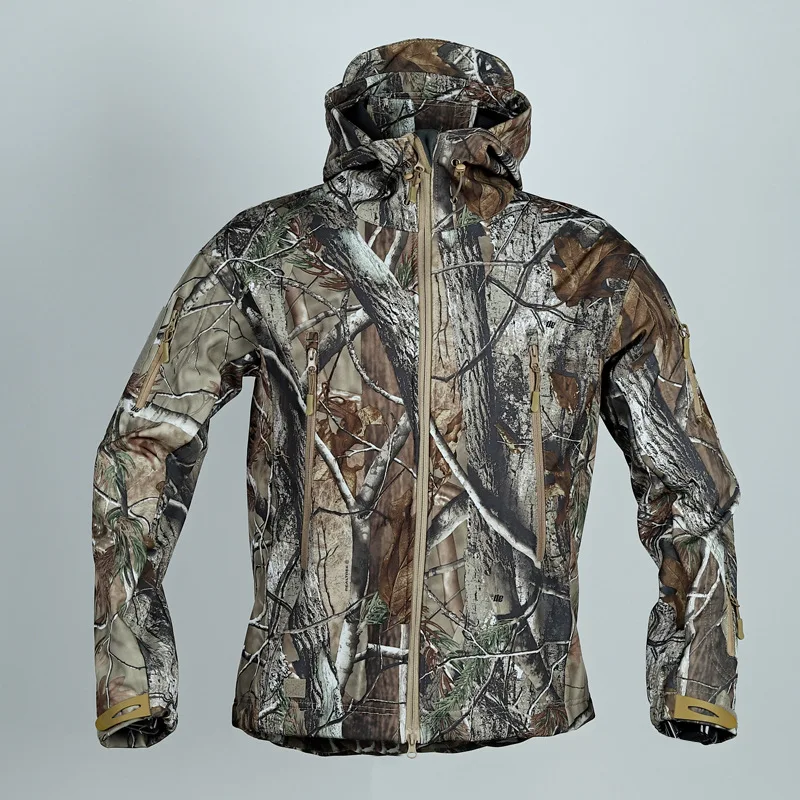 Men Outdoor Forest Camouflage Fishing Climb Jacket Tactical Sharkskin SoftShell Hooded Warm Zipper Male Coat Size S-4XL