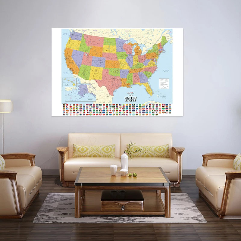 Mapa Vintage da América com bandeira do país, tecido não tecido, cartaz de arte, escola, viagem, estudo, sala de estar, decoração, 100x70cm