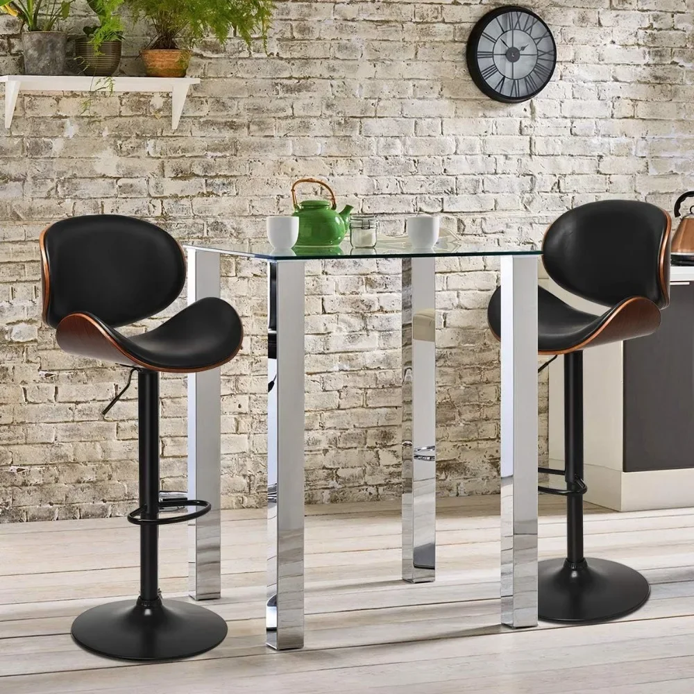 Bar Stools Set of 2, Adjustable Swivel Bentwood Barstools with Back, Large Iron Base, 360 Degree PU Leather Seat and Curved