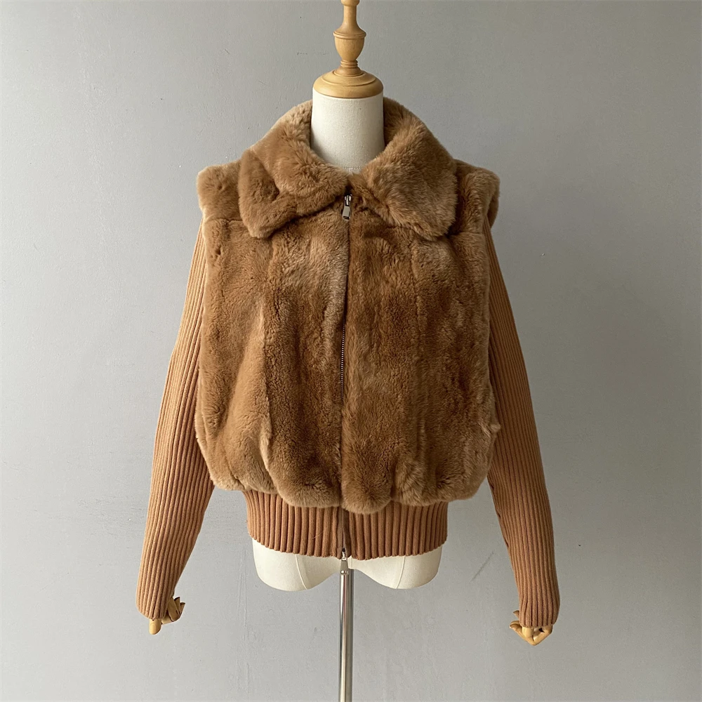 Jxwatcher Real Rex Rabbit Fur Coat for Women 2025 Winter Warm Fur Jacket Knitted Sleeves Can Removable Design New In Outerwear