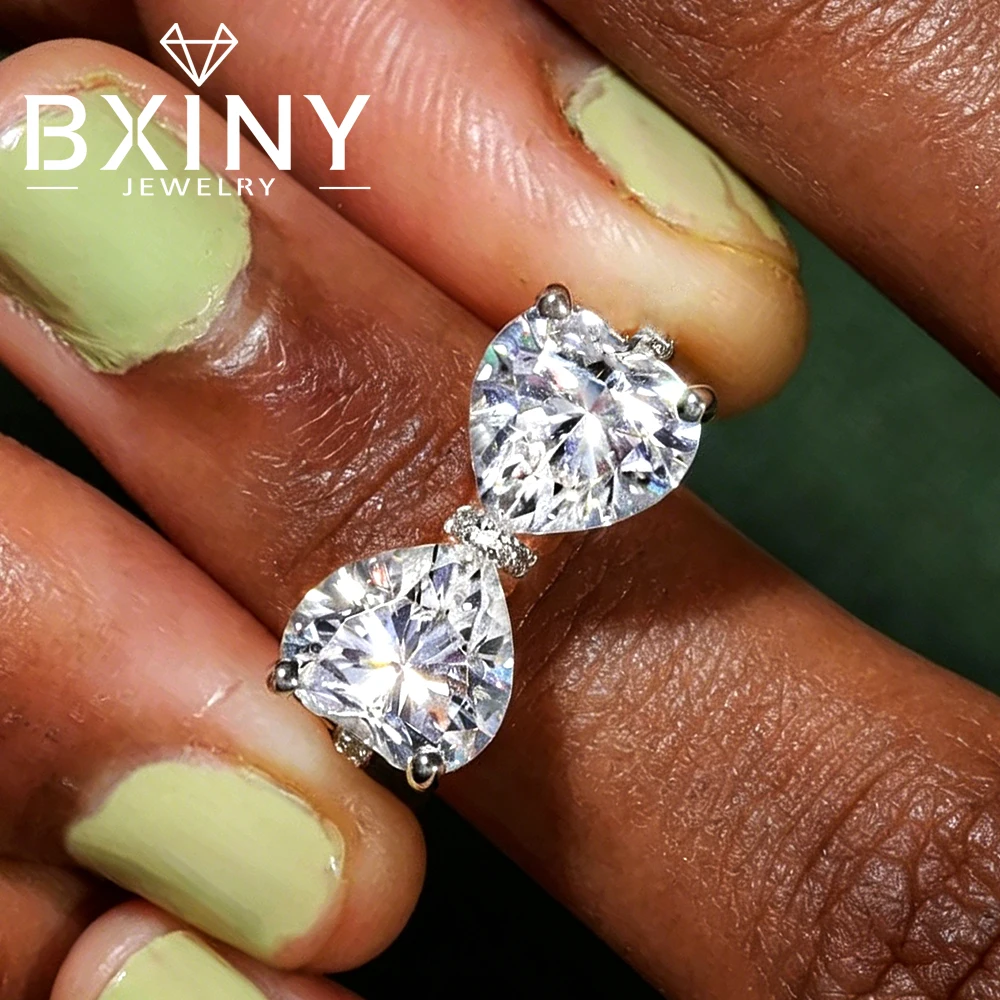 

BXINY 2-Stone Heart Cut Moissanite Rings 100% S925 Silver Bow Tie Shape Diamond Band For Women Wedding Bridal Gifts Fine Jewelry