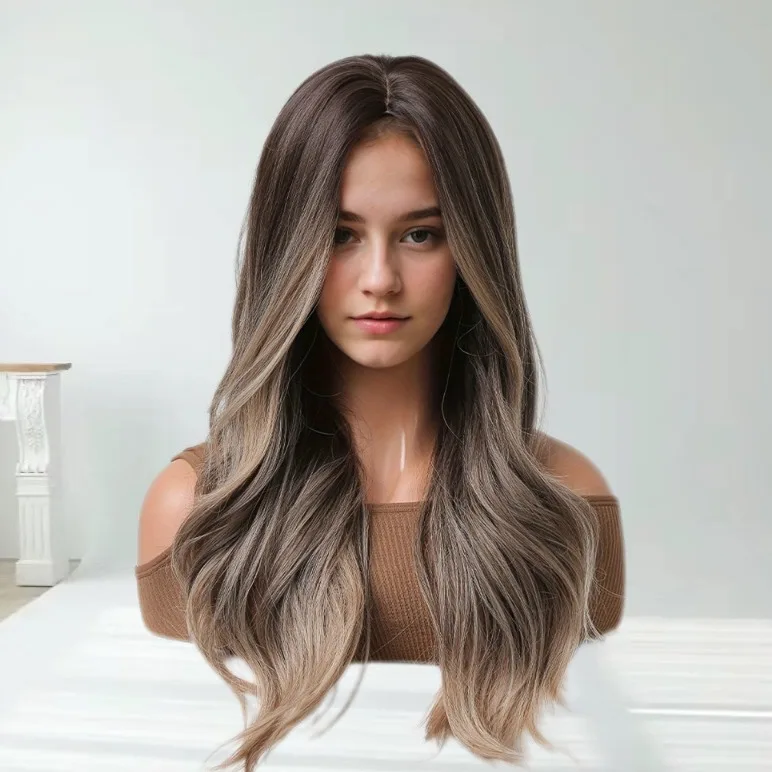 Moda cambio gradual color ondas medianas grandes pelo largo y rizado desgaste natural esponjoso estilo europeo y americano