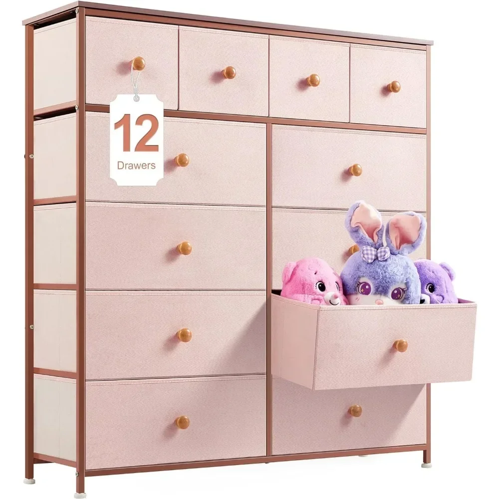 Dresser for Bedroom with 12 Drawers Dressers for Pink Chest of Drawers with Wood Top, Metal Frame, Tall Dressers for Living Room