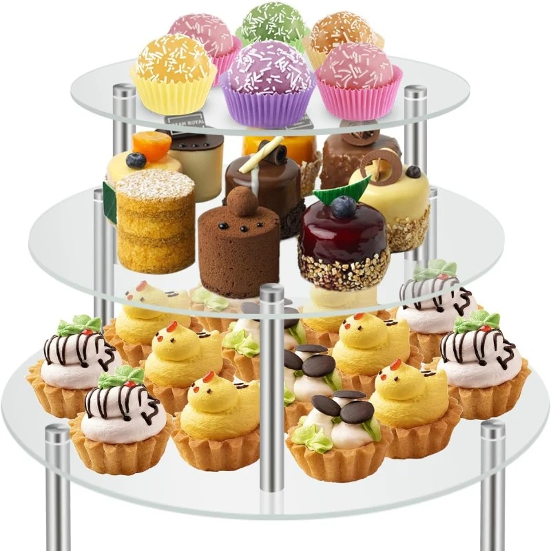 3 Packs Acrylic Cake Stand Round Food Display Stand Clear Cupcake Holder for Dessert Birthday Party Wedding Event