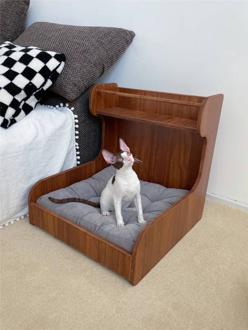 Wooden Pet Cat Dog Wooden Bed With Backrest Universal In All Seasons, Mildew-proof And Moisture-proof Wooden Nest Retro