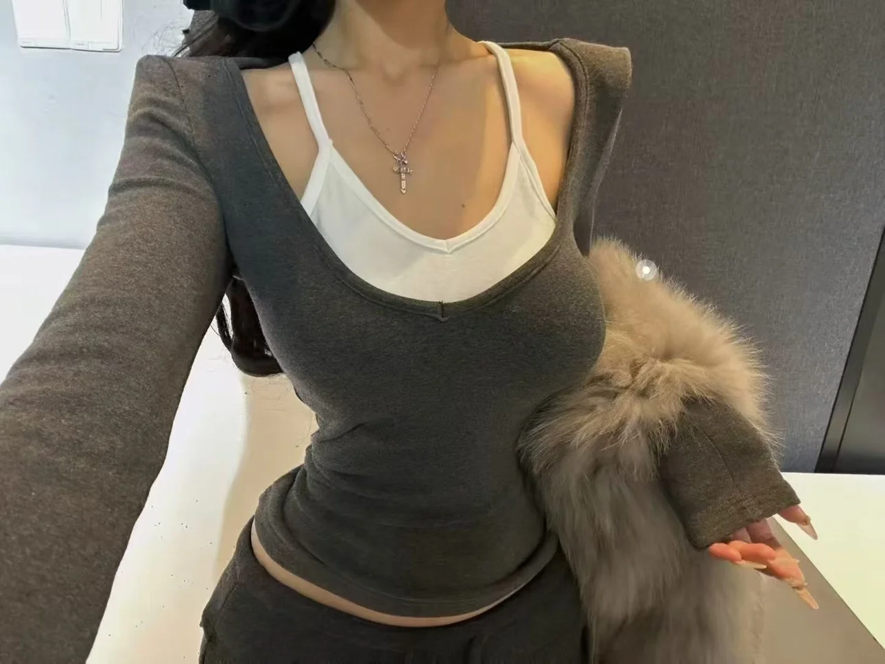 Coreano sle longo sve fce forrado fino ajuste ort t irt feminino inverno thiened oulder pad casual algodão topo