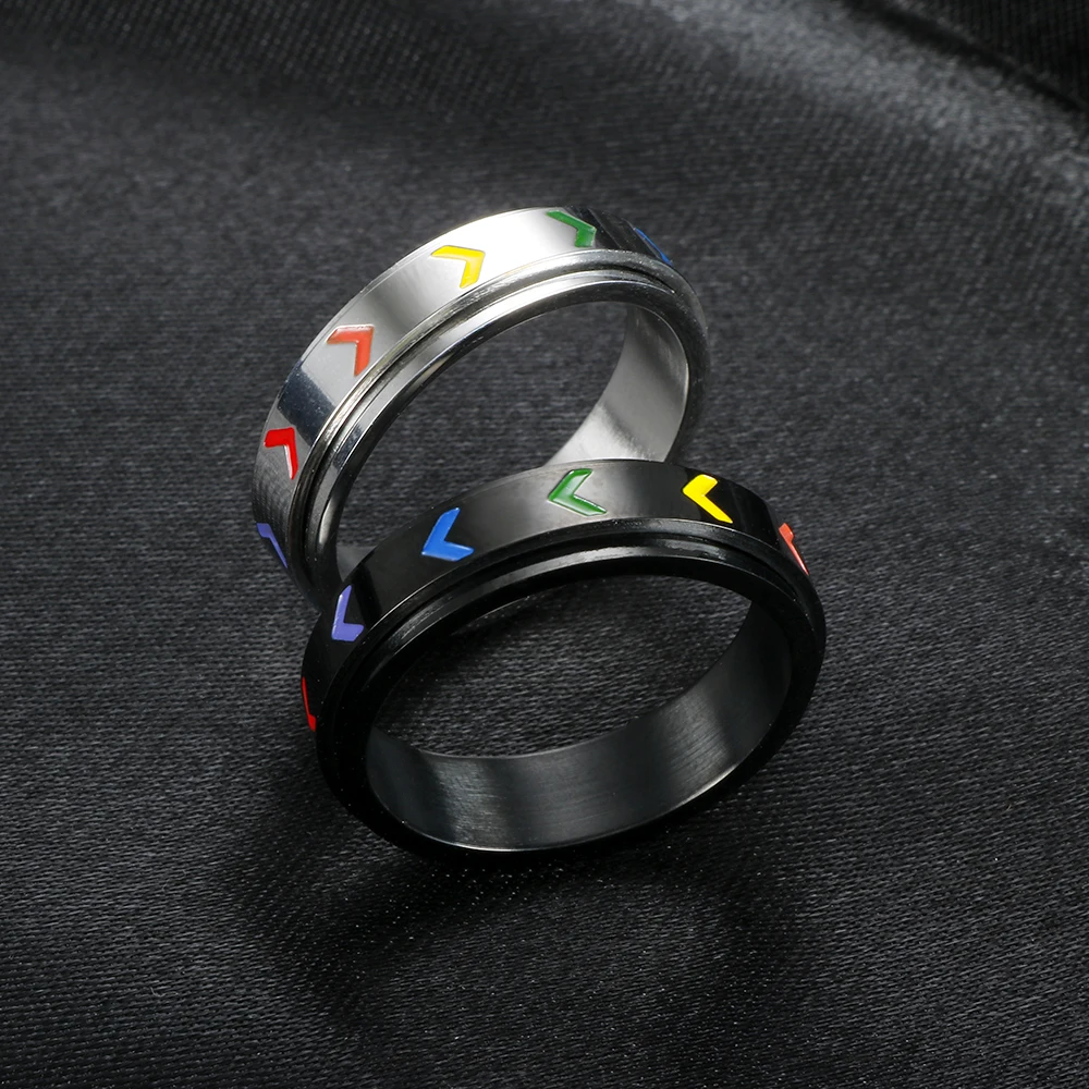 Stainless Steel 6mm Width Arrow Rotatable Rainbow Ring for Men Boy Punk Spinner Anti Stress Ring Jewelry Gift