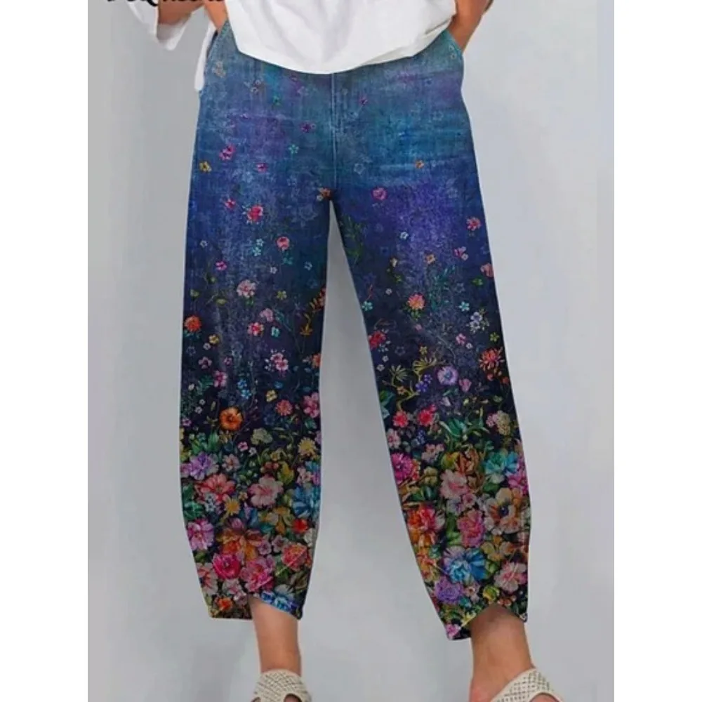 Vintage Blumenmuster Cropped Harem Caprihose Damen Baumwolle Locker Sitzende Tulpen-Wickelhose Knöchellange Freizeithose Sommer Streetwear – Detail 7