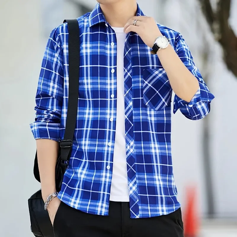 Casual Plaid Shirt Men Slim Fit Cotton Wool Male Long Sleeve Shirts Men Fashion Brand Plus Size M-5XL 2023 Spring New