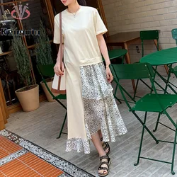 Plus Size 5XL Women's Summer Floral Patchwork T-Shirt Dress Asymmetrical Print Lady Vestido Female Robe KE3395