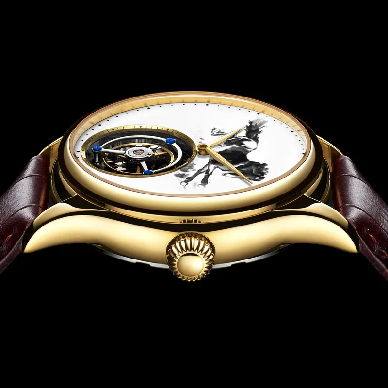 Aesop Luxury Flying Tourbillon Mechanical Mens Watch Sapphire Watches for Men Ink Painting Horse Dial Casual Wristwatches 7010