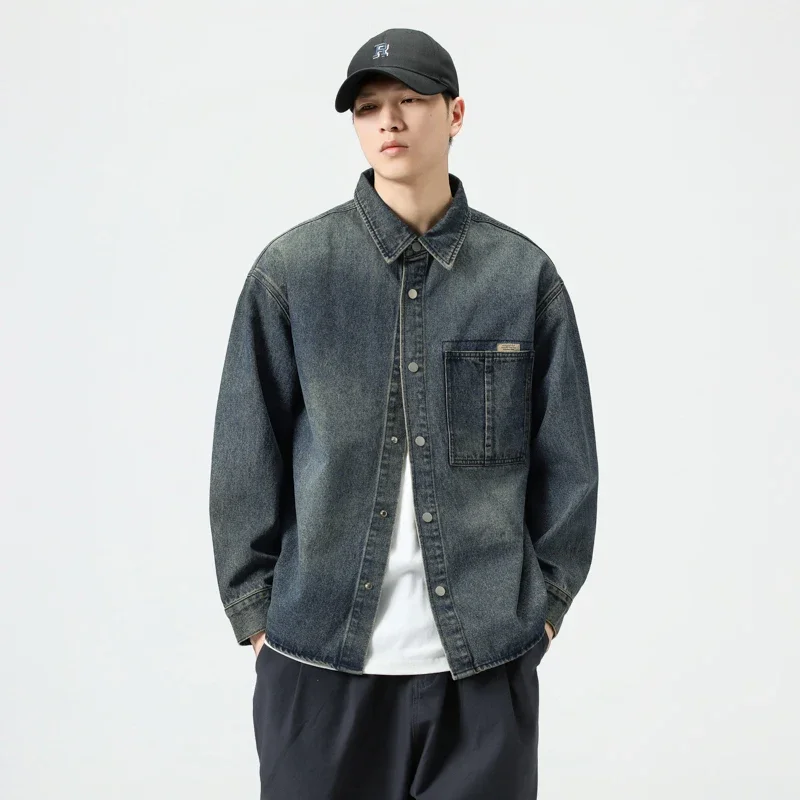 Loose Casual Long Sleeve Plus Size Denim Shirt Men Cityboy Streetwear Oversize Jeans Cargo Shirt Blouse Jacket