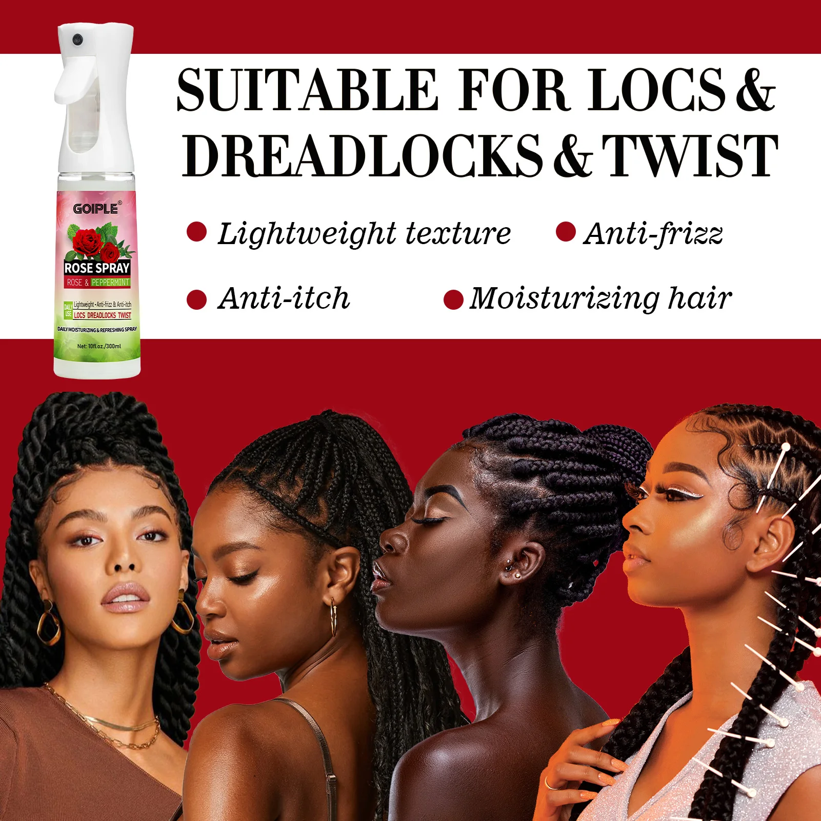 GOIPLE Natural Rose Spray Peppermint Extract Lightweight Anti-Frizz Hair Anti-Itch Scalp For Locs Dreadlocks Twist Hair Care
