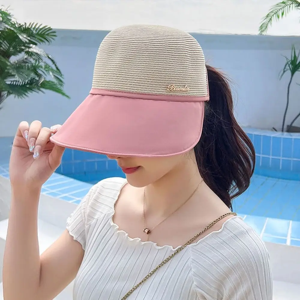 Summer Women Bucket Hat UV Protection Sun Hats Soft Foldable Wide Brim Outdoor Beach Hat Panama Cap Ponytail Cap