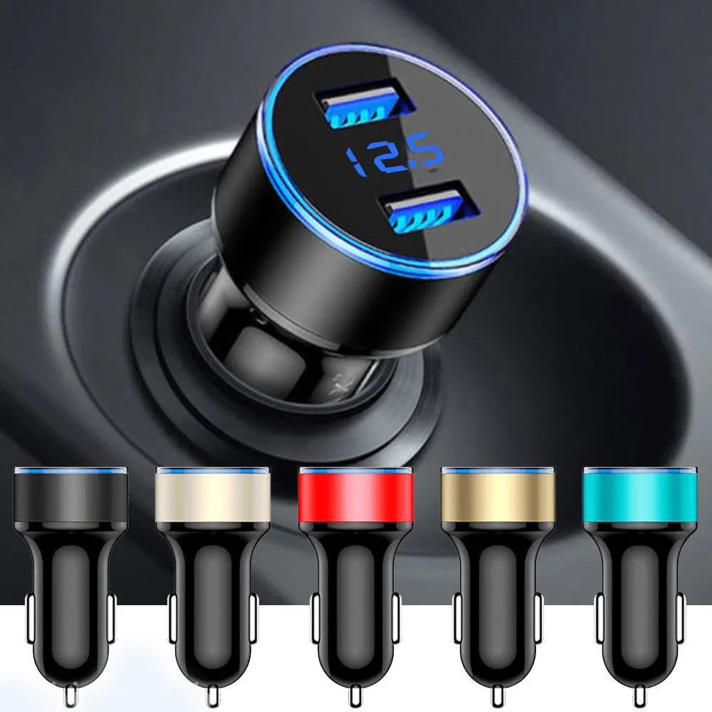 Car Charger Dual USB QC Adapter Cigarette Lighter 5V 3.1A LED Voltmeter for All Types of Mobile Cell Phones Quick Charge