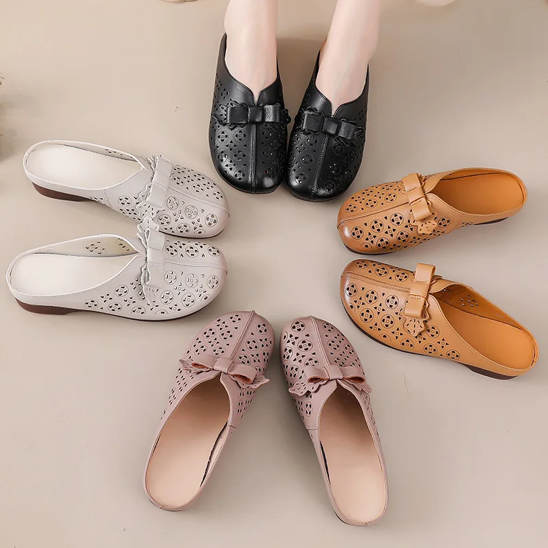 2025 Luxury real leather mules sandals women summer cutout slipper flats shoes for woman hollow slides sandals ladies lazy shoes