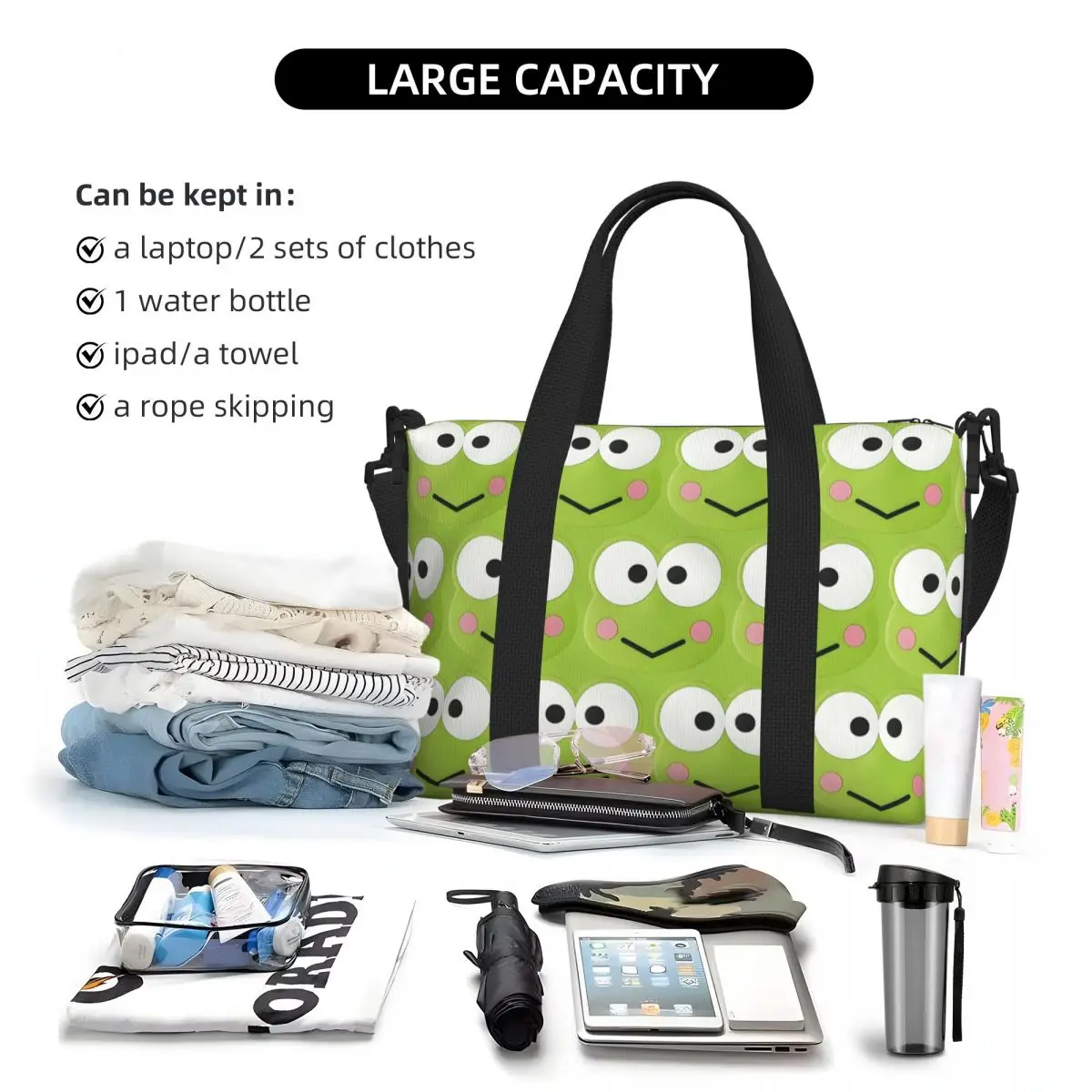 مخصص أنيمي سانريو Keroppi حمل حقيبة المرأة سعة كبيرة الكرتون Kawaii الضفدع شاطئ رياضة الكتف حقيبة سفر