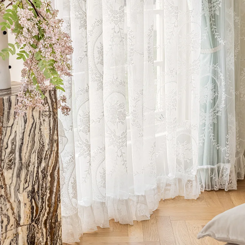 

Curtains for Living Dining Room Bedroom French Retro Light Luxury Lace White Yarn Double Shading