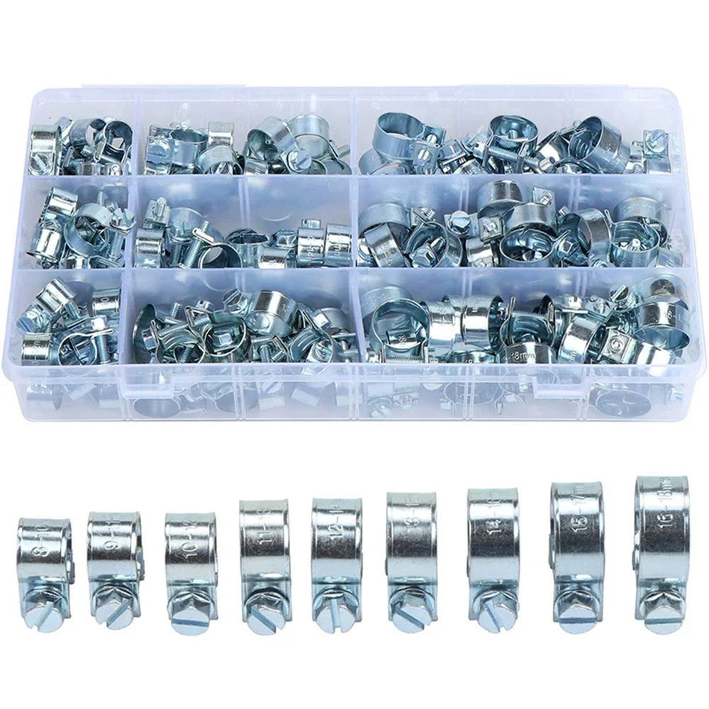 Schlauchklemmen, 135-teiliges Set Doppelohr-Klemmen 8-18mm Schneckenantrieb Kraftstoff- und Wasserschlauchklemmen Sortiertes Kit – Detail 4