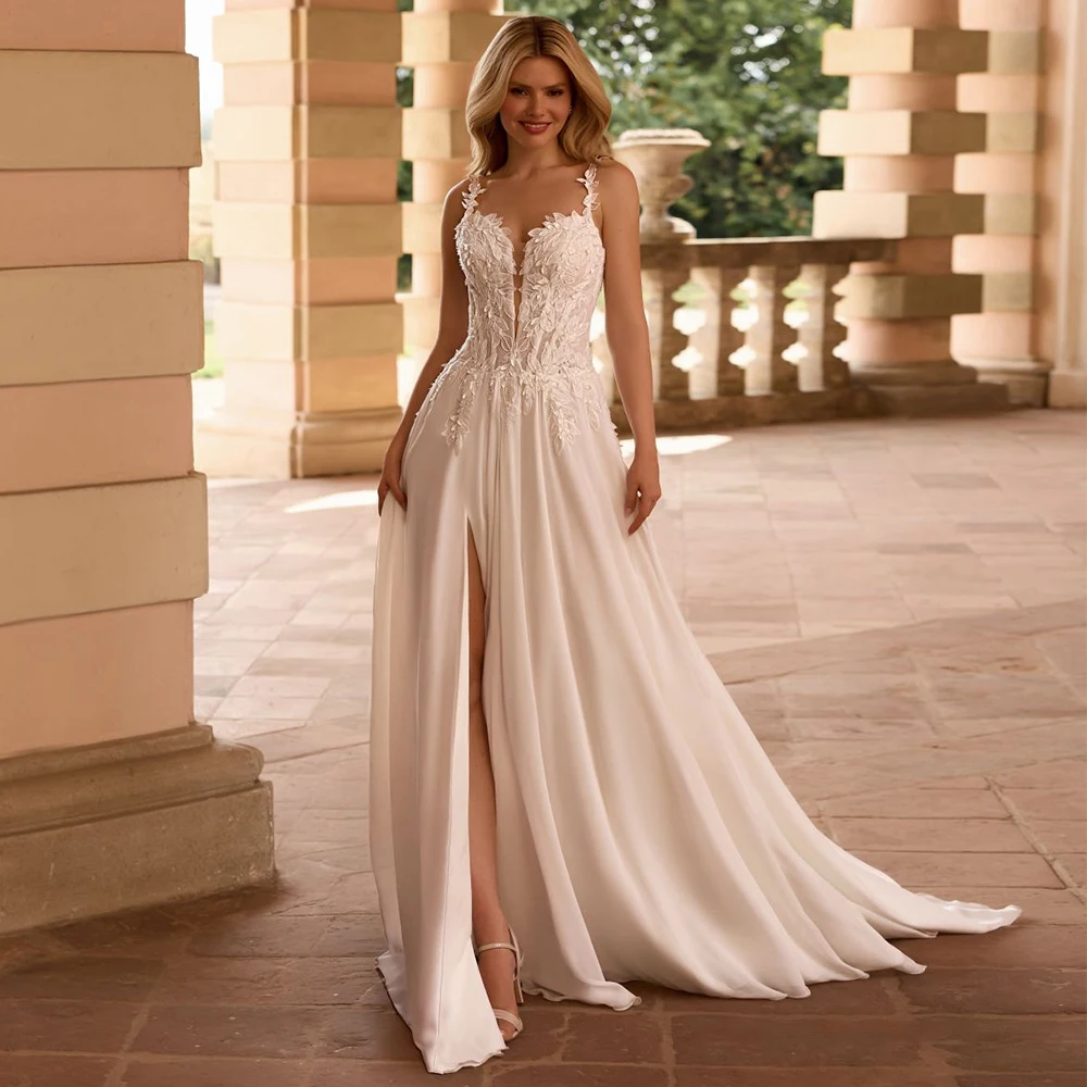

Elegant Chiffon Side Slit Wedding Dress for Brides Appliques Sweetheart Sleeveless Zipper Back Beach Bridal Gowns Customized